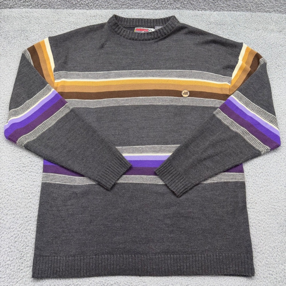 Mecca USA Mens Size XL 100% Acrylic Vintage Y2K Gray Striped Crewneck‎ Sweater